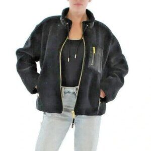 Rebecca Minkoff Black Teddy Faux Fur Coat Jacket Leather Trim Size M Retail $348